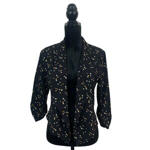 Womens Black Confetti Pebble Print Open Front Blazer Ruched 3/4 Sleeve Jacket